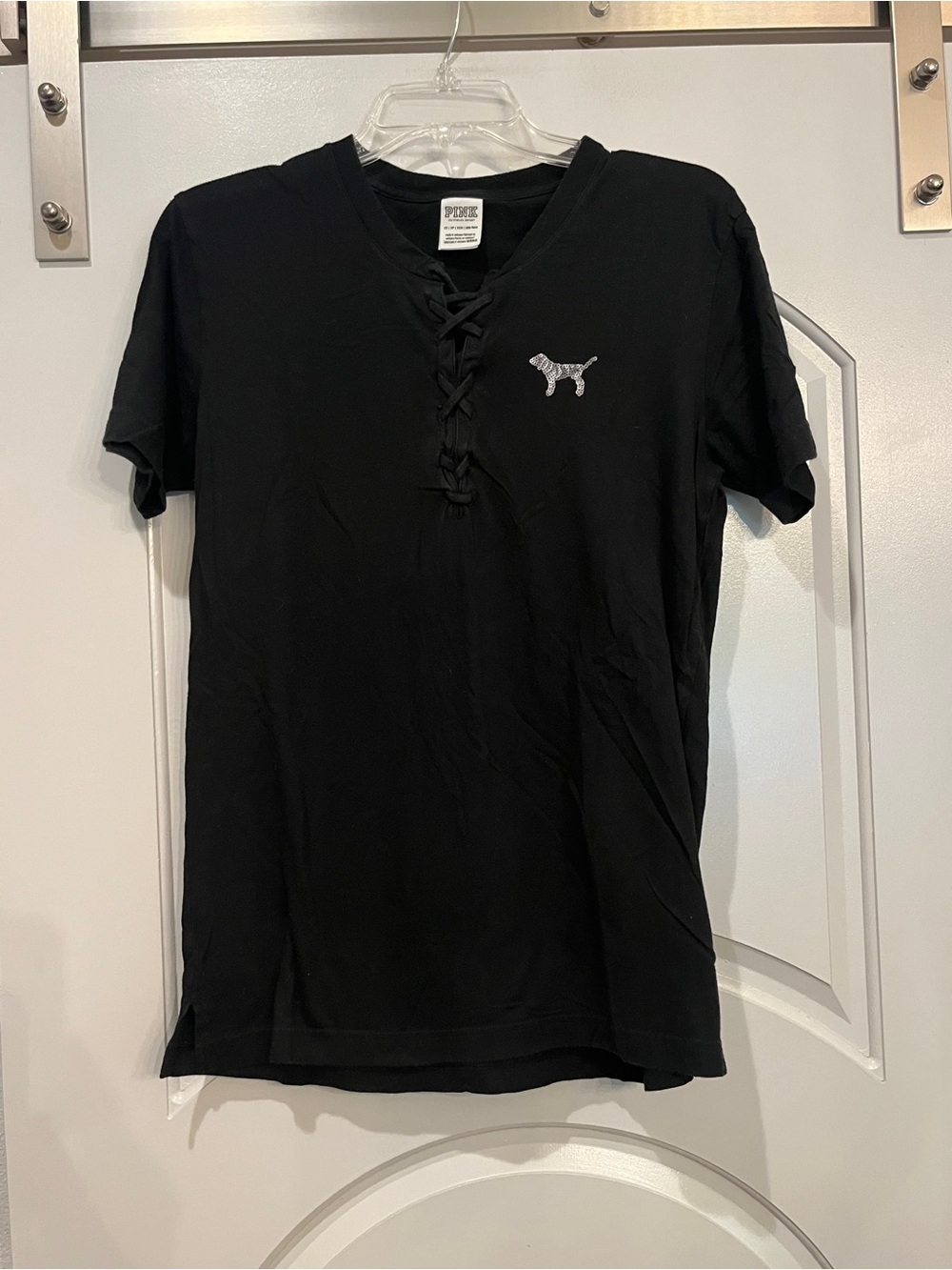 Vintage Victoria's Secret PINK Black Lace-Up V-Neck Short Sleeve sequin Tee.
